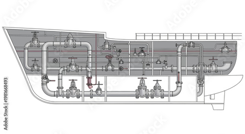Ship Hull Piping System Schematic - Marine Engineering Blueprint