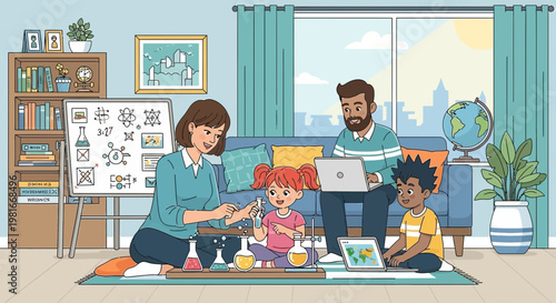 Family Learning Science Together at Home, Parents Teaching Kids Chemistry Experiments