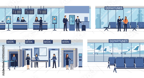 Airport Terminal Scenes: Check-in, Security, Departures Lounge, Airplane View