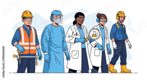 Diverse professionals in protective gear: construction, medical, science, industry