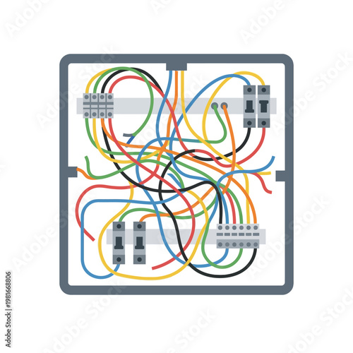 Disorganized cabinet wiring icon with tangled cables, minimal flat vector design