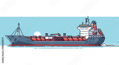 Large oil tanker ship sailing on the sea, illustration, industrial transport