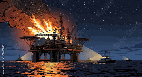 Offshore oil rig explosion at night, fire and smoke billowing, rescue boats nearby
