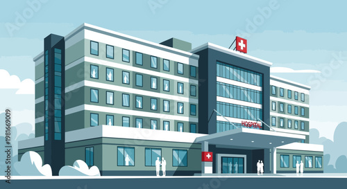 Modern hospital building exterior with entrance canopy and red cross symbol