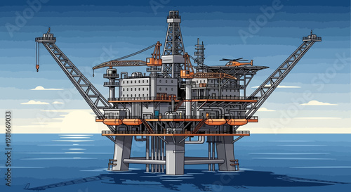 Offshore oil rig platform in the ocean, industrial structure, energy extraction, drilling equipment, blue sky and water.