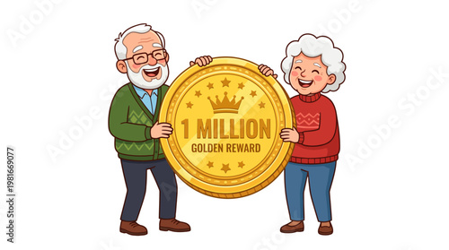 Happy elderly couple holding one million golden reward coin
