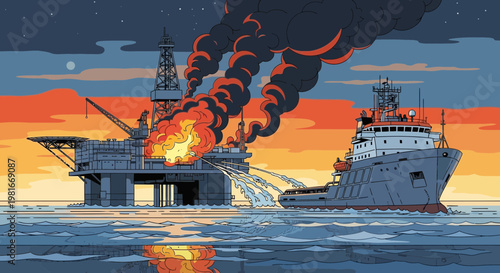 Offshore oil rig fire, rescue boat spraying water, dramatic sunset, environmental disaster concept