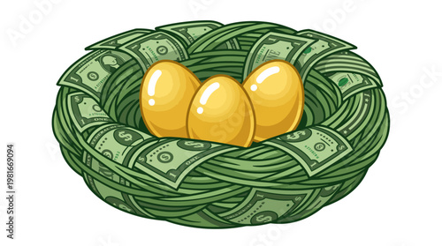 Nest made of dollar bills holding three golden eggs
