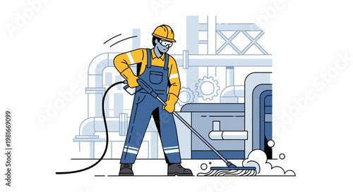 Industrial cleaner in hard hat mopping factory floor with hose and equipment