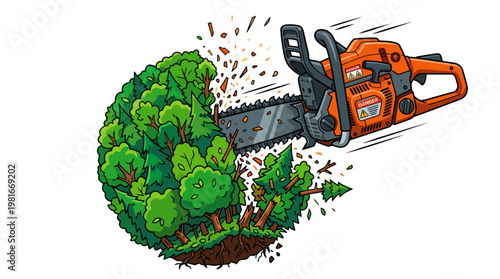 Chainsaw cutting through a green forest illustrating deforestation