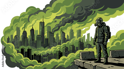 Person in a gas mask observing a city engulfed in toxic green smoke