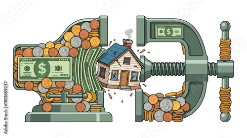 House being squeezed in a vise symbolizing financial crisis