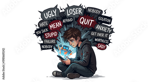 Teenage boy experiencing cyberbullying overwhelmed by online abuse