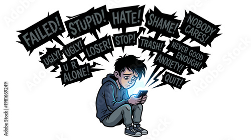 Upset boy receiving hateful messages experiencing cyberbullying