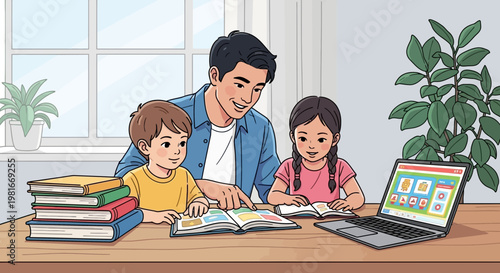 Father Teaching Children Reading Books and Using Laptop for Online Education