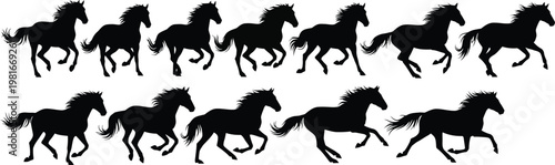 Black silhouette of running horses in motion across white background