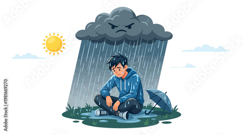 Depressed man sitting in rain under storm cloud despite sunshine
