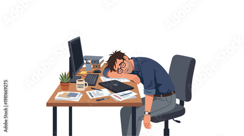 Exhausted employee sleeping on desk surrounded by urgent reports