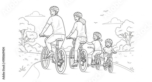 Family Cycling Adventure - Parents and Children on a Tandem Bike.