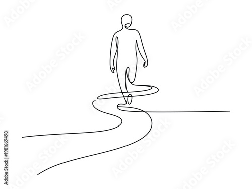 A minimalist line drawing of a person walking on a winding path forward  simple and elegant illustration