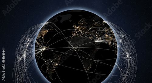 Earth at Night with Global Network Connections and City Lights.