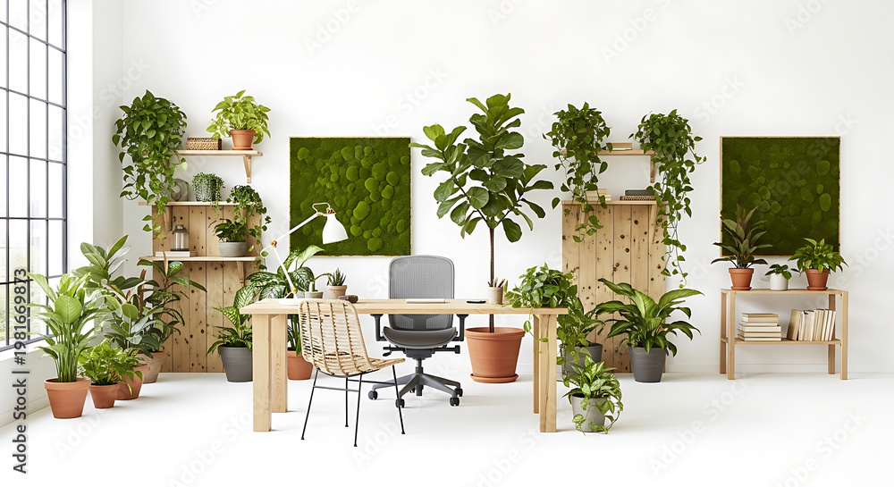 Fototapeta premium Modern biophilic office design with lush green plants and natural materials