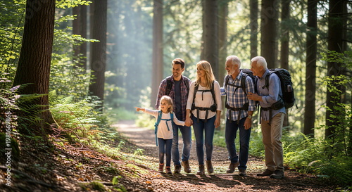 Multi generational family hiking together in sunny forest trail
