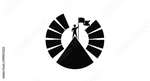 Businessman standing on a mountain peak holding a flag signifies reaching a major career milestone, achieving professional success, and overcoming challenges in a competitive global market.