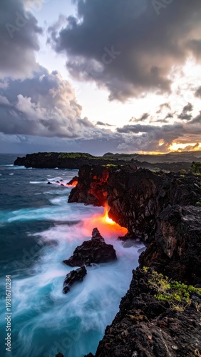 Majestic Sunset Over Volcanic Cliffs and Turbulent Ocean Waves