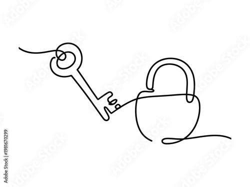 Continuous line drawing of a key unlocking a padlock in a single flowing motion  symbolizing freedom and security