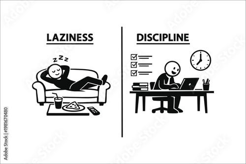 Discipline vs Laziness Productivity and Time Management Concept Illustration