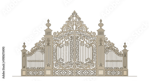 Ornate Wrought Iron Gate Design, Detailed Architectural Entrance