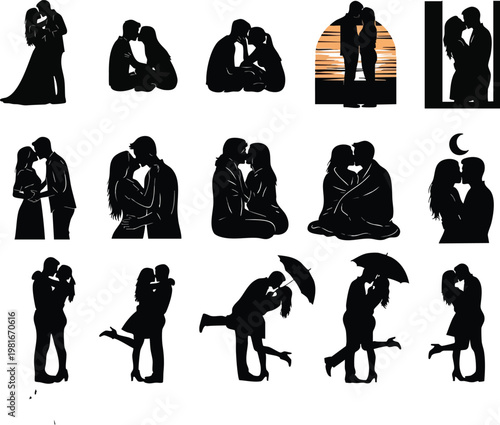 Romantic Couples Kissing and Love Relationship Silhouette Vector Set