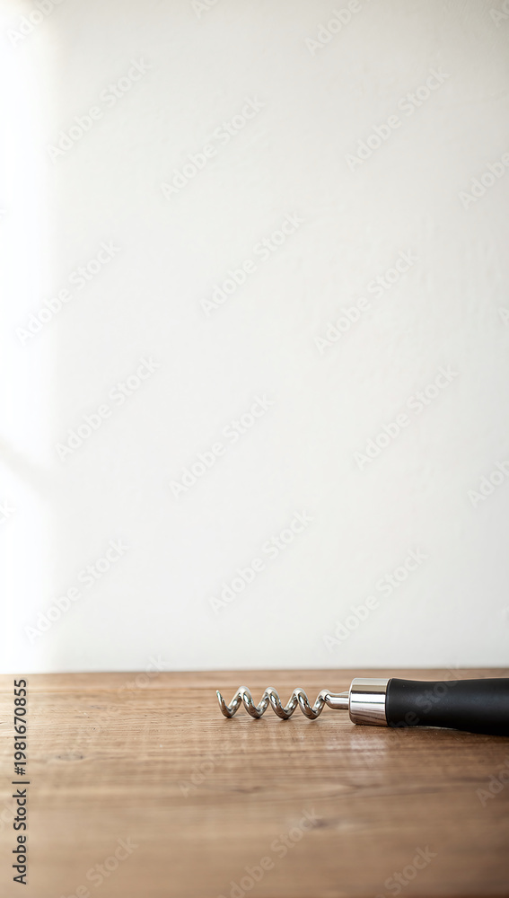 Fototapeta premium Steel corkscrew with black handle on brown wooden surface in vertical perspective