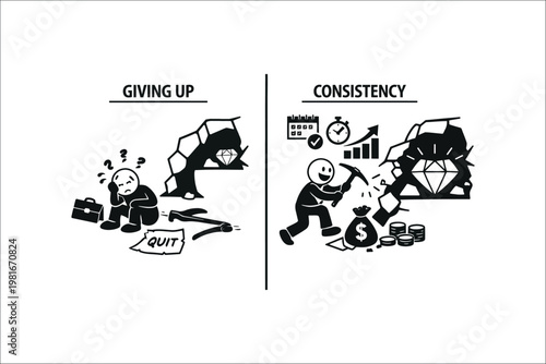 Consistency vs Giving Up Persistence and Success Concept Illustration