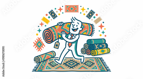 Happy Man Carrying Rolled Up Carpet