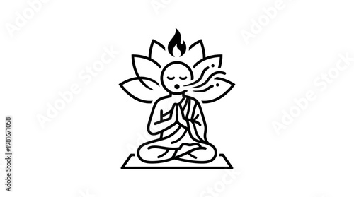 Meditating Monk with Fiery Aura and Lotus Flower