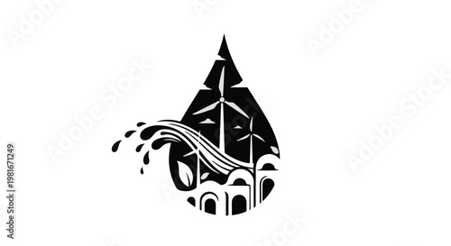 Water drop graphic incorporates wind turbines and flowing liquid elements to symbolize sustainable energy solutions and environmental preservation efforts for a cleaner future world.