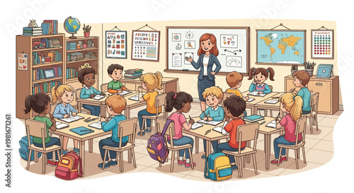 Diverse classroom scene with teacher and students learning, colorful and engaging illustration.