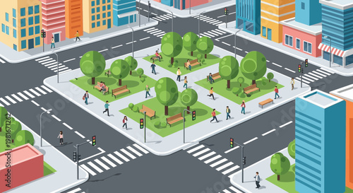 Vibrant Isometric City Park Crossroads with People Walking, Benches, and Trees