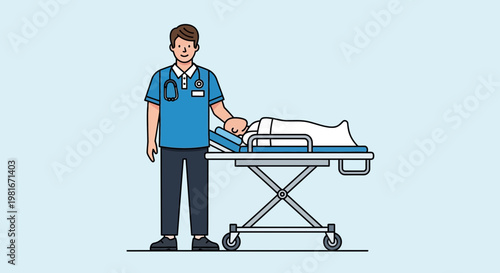 Paramedic Standing Beside Patient on Stretcher, Medical Emergency Transport Illustration
