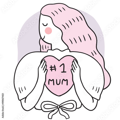 Illustration of Woman Holding "#1 Mum" Heart