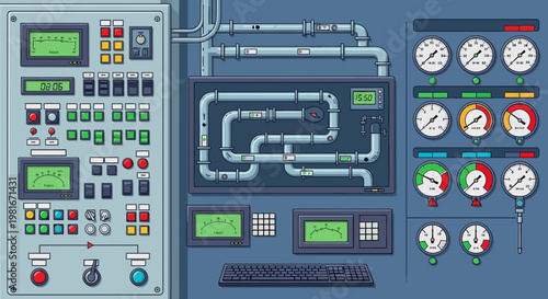 Industrial Control Panel with Pipes, Gauges, and Digital Displays