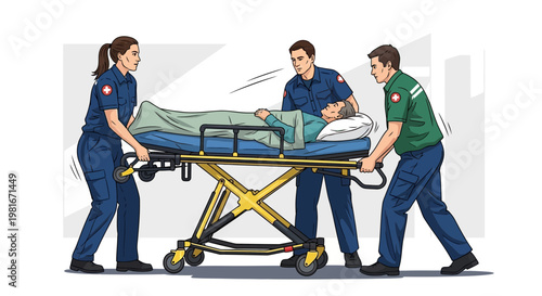 Paramedics Transporting Injured Person on Stretcher, Medical Emergency Response