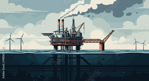 Offshore oil rig and wind turbines in the sea, energy transition concept