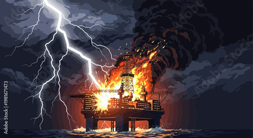Offshore oil rig engulfed in flames during a fierce lightning storm at sea