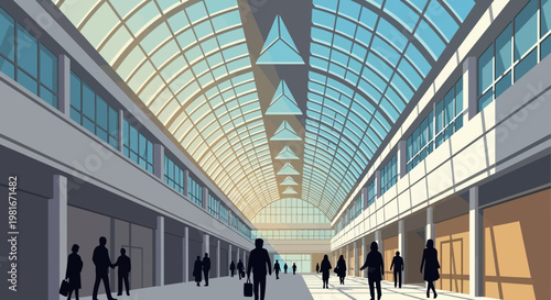 Modern Shopping Mall Interior with Glass Roof and Silhouetted Shoppers