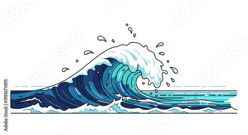 Stylized Blue Ocean Wave Crashing with White Foam and Water Droplets