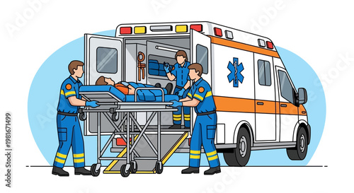Paramedics Loading Patient onto Ambulance Stretcher, Emergency Medical Response