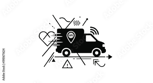 Delivery van icon integrated with location GPS pins and heart symbols illustrates efficient logistics and caring service in modern e-commerce and fast urban transport industry solutions.